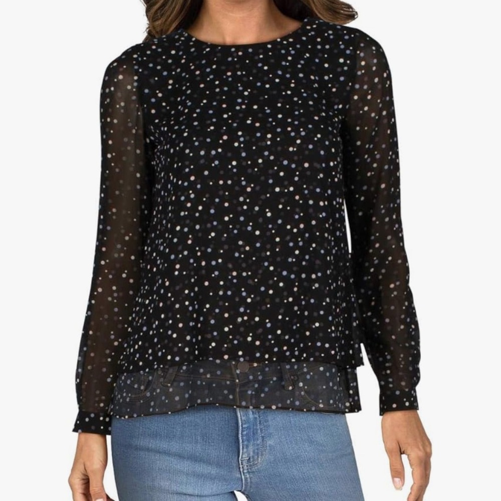 Anne Klein Double Layer Dot Print Blouse - Black/Peacock Blue, Size M